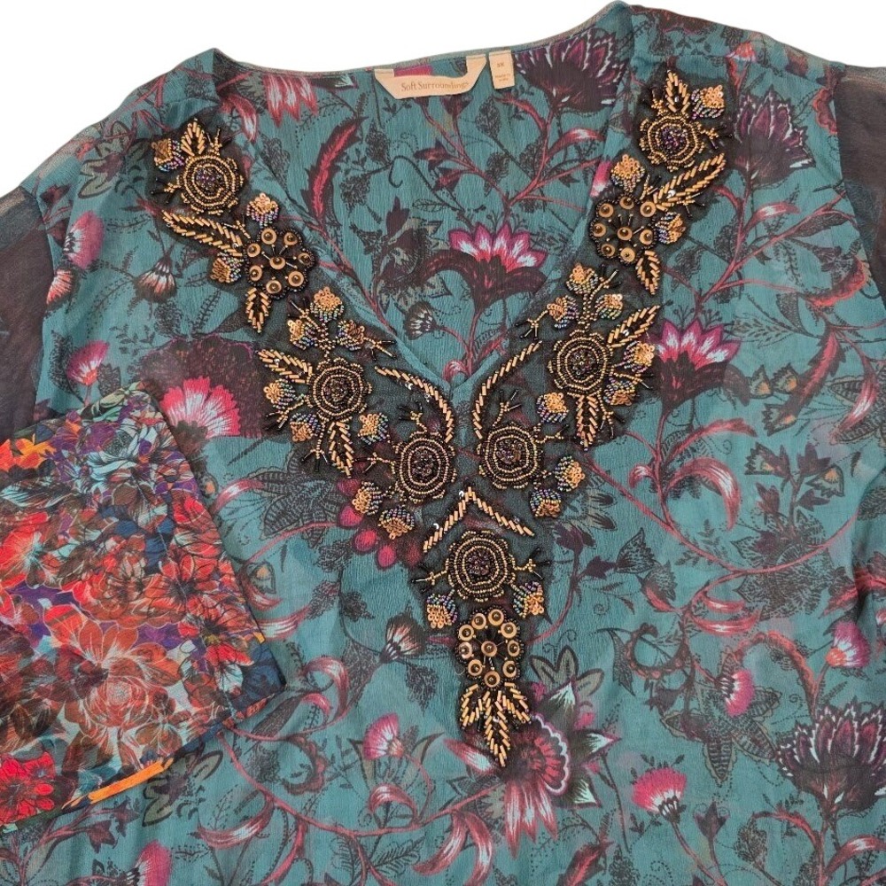 Soft Surroundings 3X Blouse Teal Floral Beaded V-Neck 3/4 Sleeve Sheer Boho